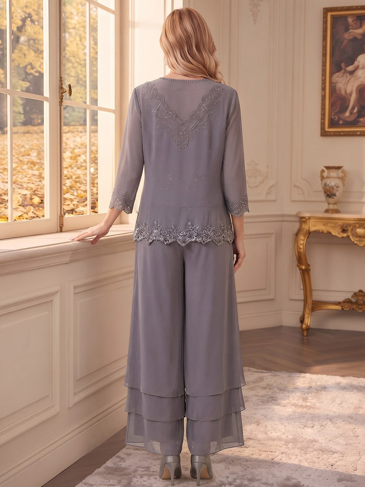 Jumpsuits V-Neck 3/4 Sleeves Chiffon Ankle-Length Plus Size Mother of the Bride Dresses with Lace