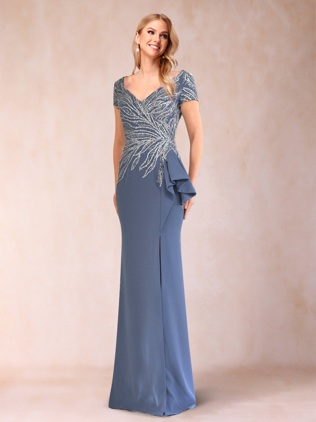 Sheath/Column V-Neck Floor-Length Short Sleeves Mother of the Bride Dresses with Sequins &amp; Split Side