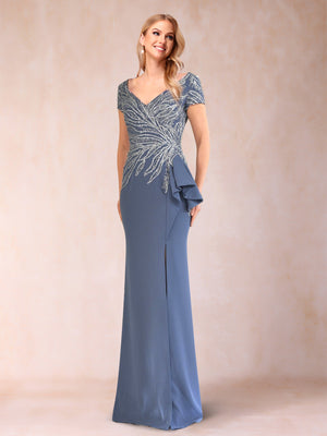 Sheath/Column V-Neck Floor-Length Short Sleeves Mother of the Bride Dresses with Sequins & Split Side