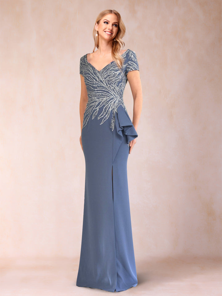 Sheath/Column V-Neck Floor-Length Short Sleeves Mother of the Bride Dresses with Sequins &amp; Split Side