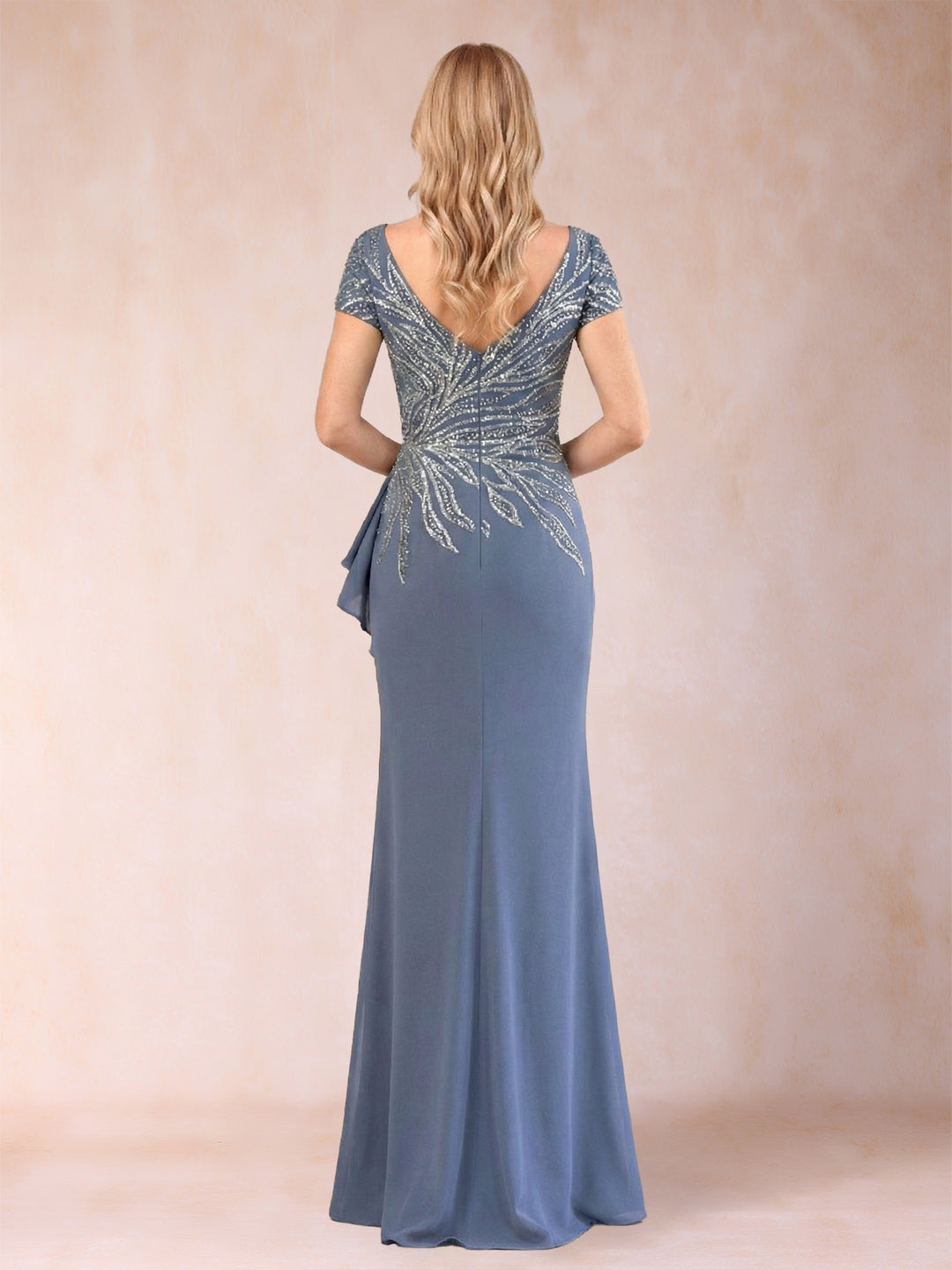 Sheath/Column V-Neck Floor-Length Short Sleeves Mother of the Bride Dresses with Sequins &amp; Split Side