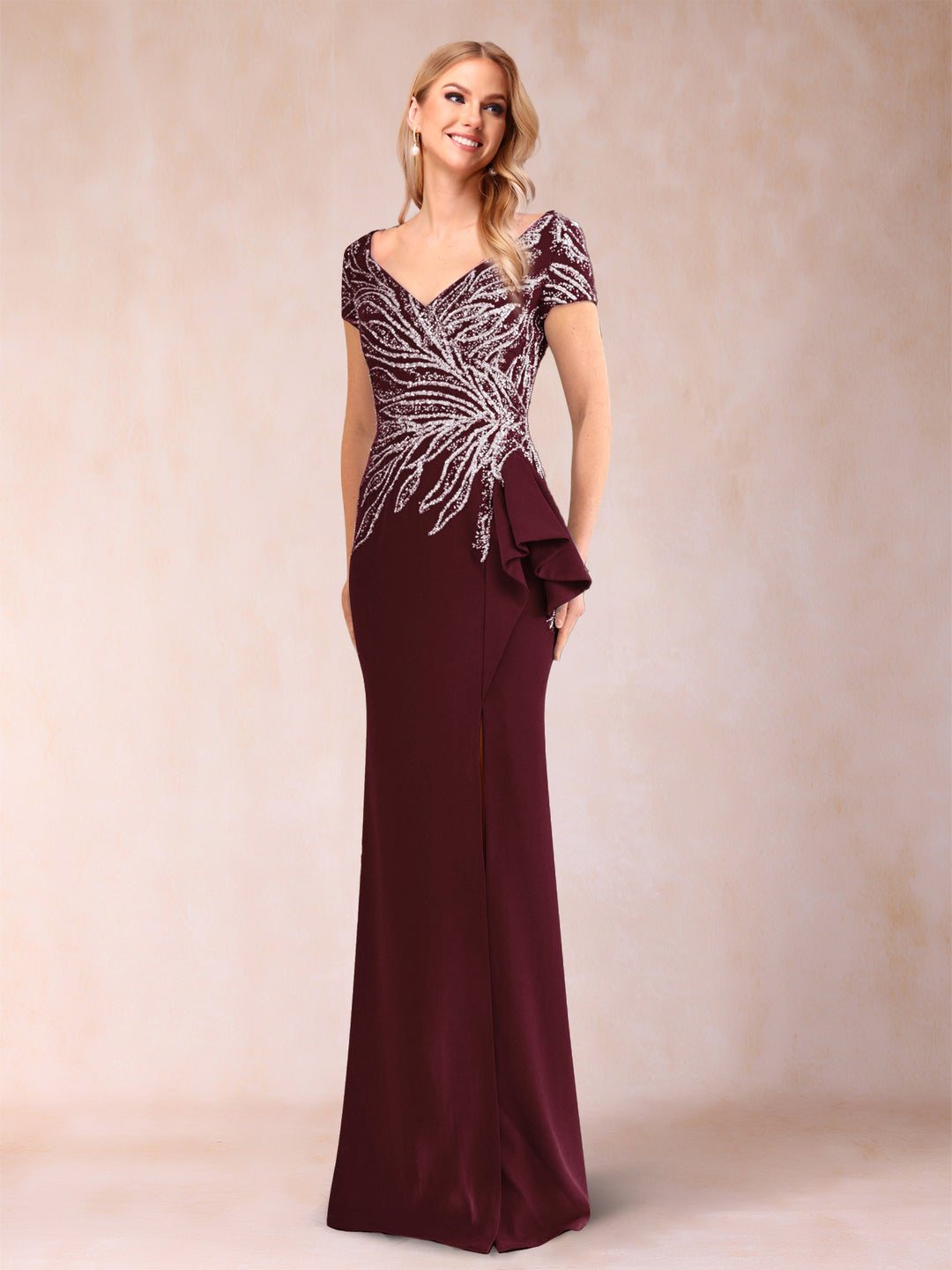 Sheath/Column V-Neck Floor-Length Short Sleeves Mother of the Bride Dresses with Sequins & Split Side