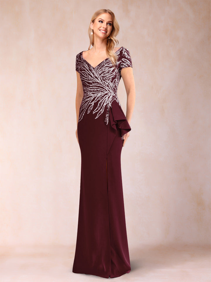 Sheath/Column V-Neck Floor-Length Short Sleeves Mother of the Bride Dresses with Sequins &amp; Split Side
