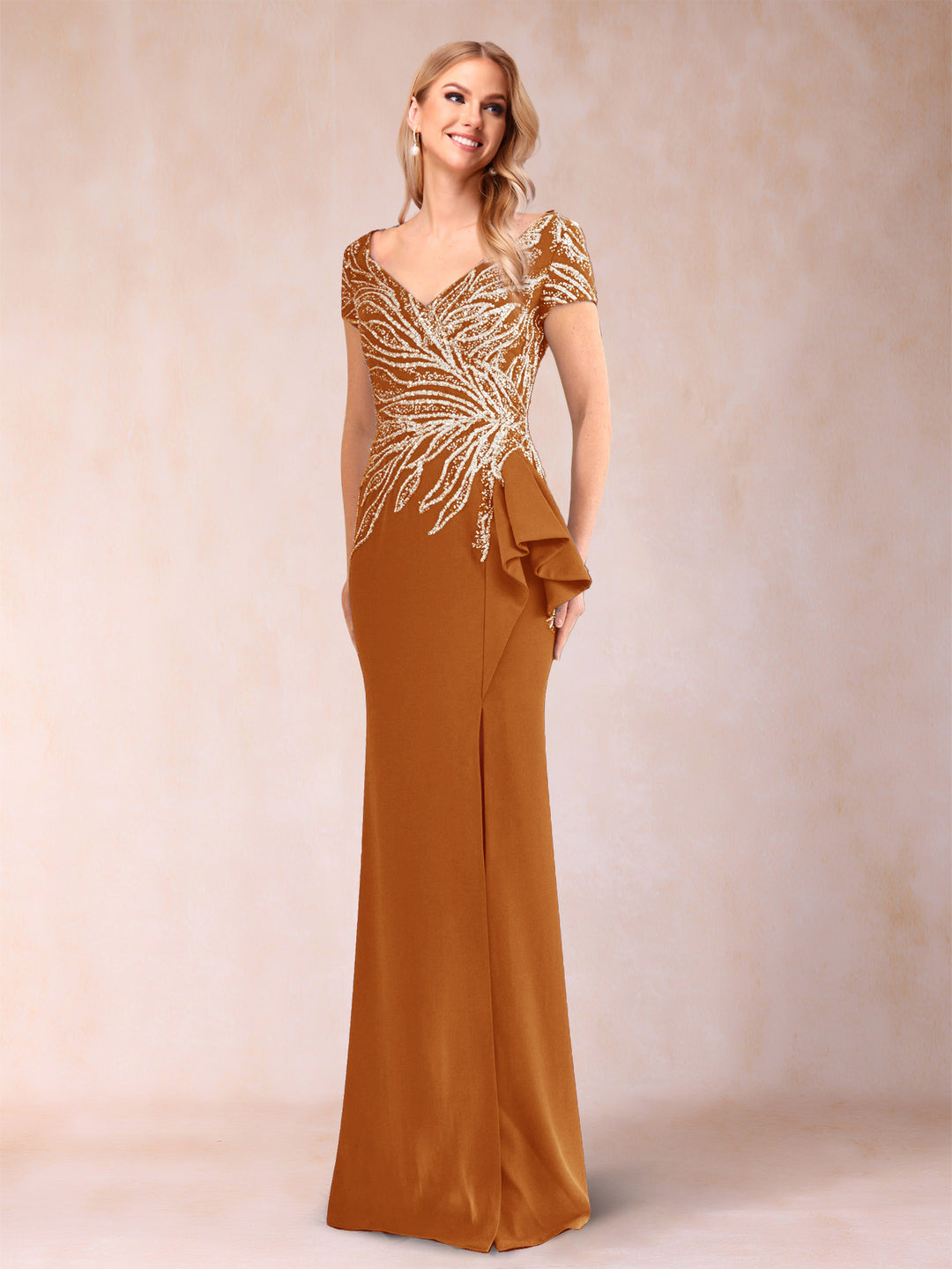 Sheath/Column V-Neck Floor-Length Short Sleeves Mother of the Bride Dresses with Sequins &amp; Split Side