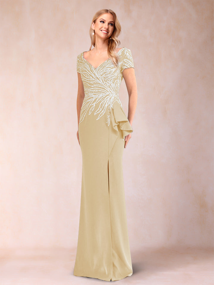 Sheath/Column V-Neck Floor-Length Short Sleeves Mother of the Bride Dresses with Sequins &amp; Split Side