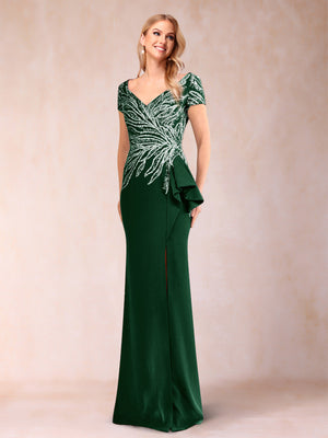 Sheath/Column V-Neck Floor-Length Short Sleeves Mother of the Bride Dresses with Sequins & Split Side
