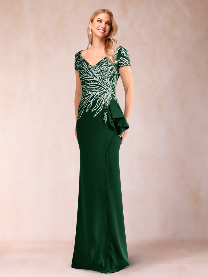 Sheath/Column V-Neck Floor-Length Short Sleeves Mother of the Bride Dresses with Sequins &amp; Split Side