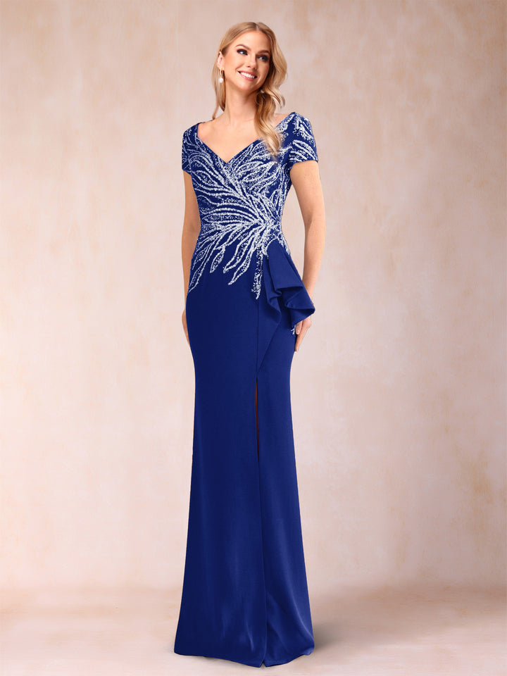 Sheath/Column V-Neck Floor-Length Short Sleeves Mother of the Bride Dresses with Sequins &amp; Split Side