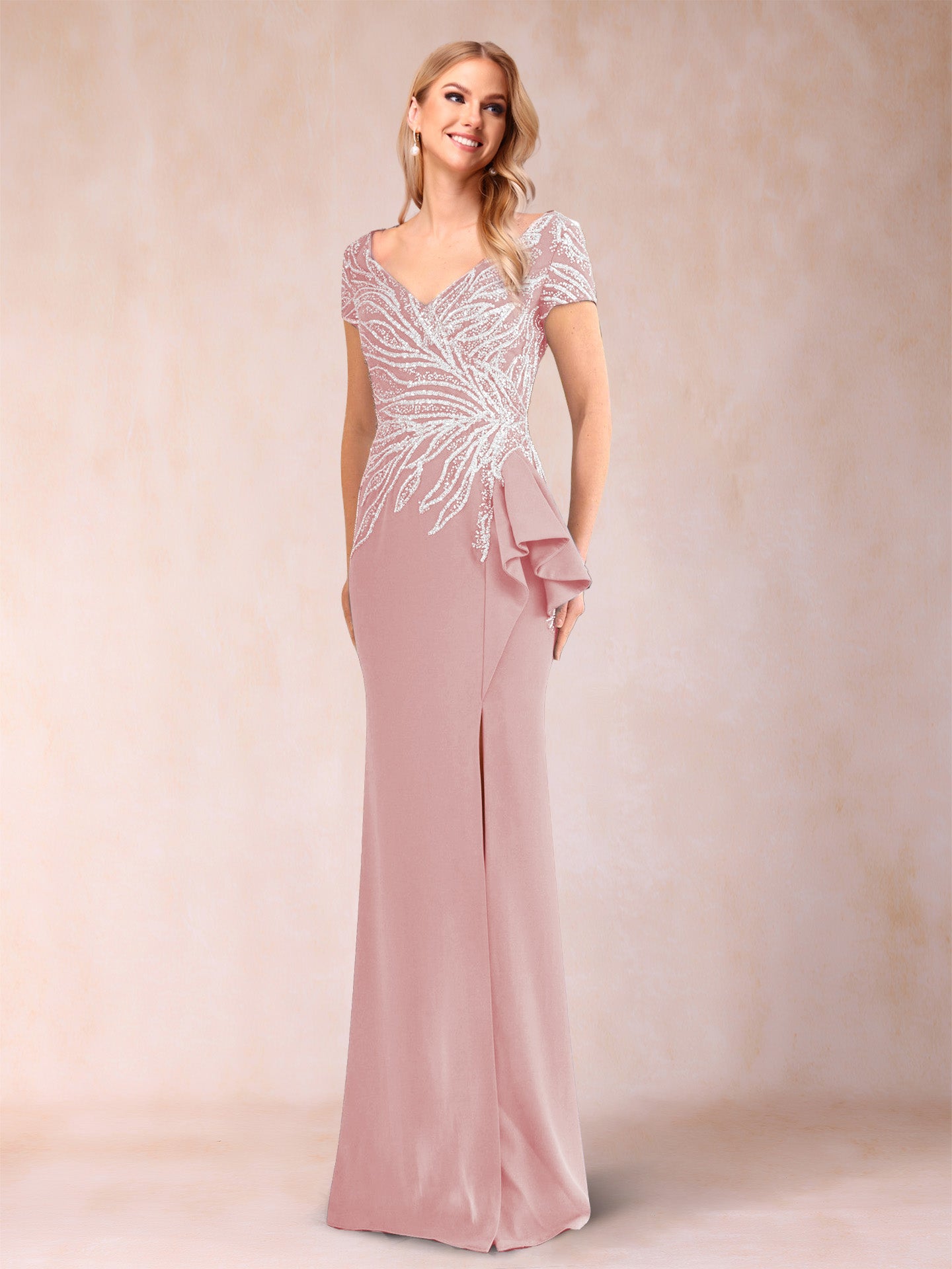Sheath/Column V-Neck Floor-Length Short Sleeves Mother of the Bride Dresses with Sequins & Split Side