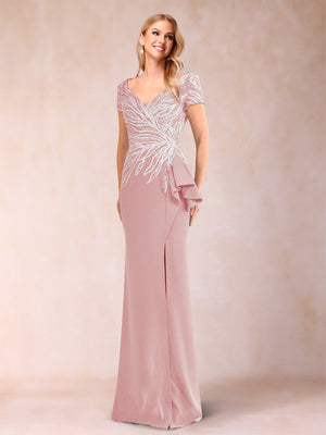 Sheath/Column V-Neck Floor-Length Short Sleeves Mother of the Bride Dresses with Sequins & Split Side