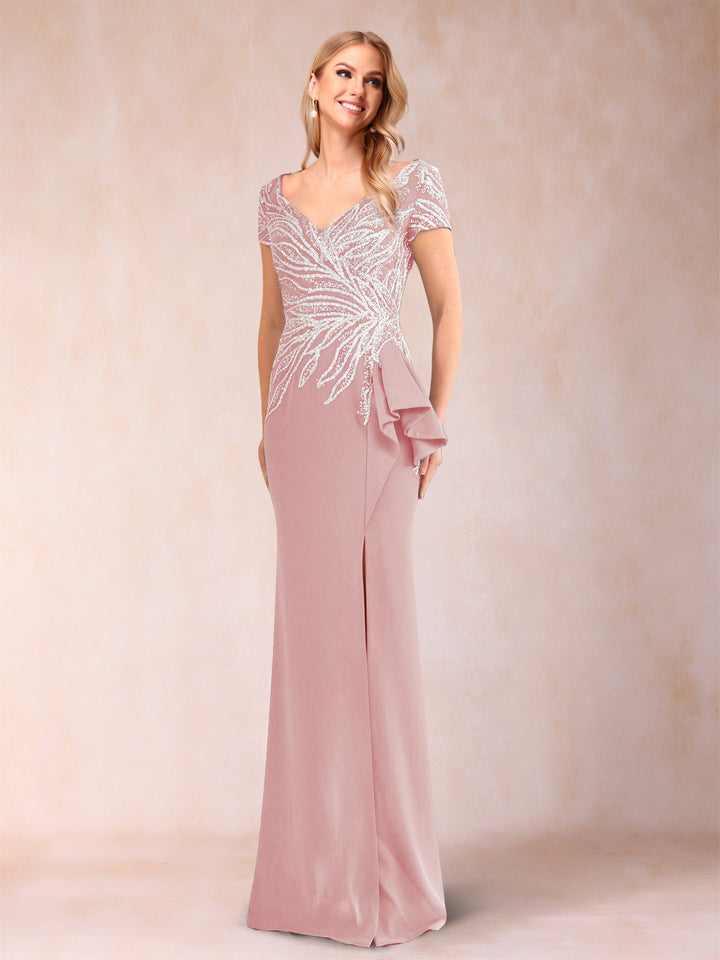 Sheath/Column V-Neck Floor-Length Short Sleeves Mother of the Bride Dresses with Sequins &amp; Split Side