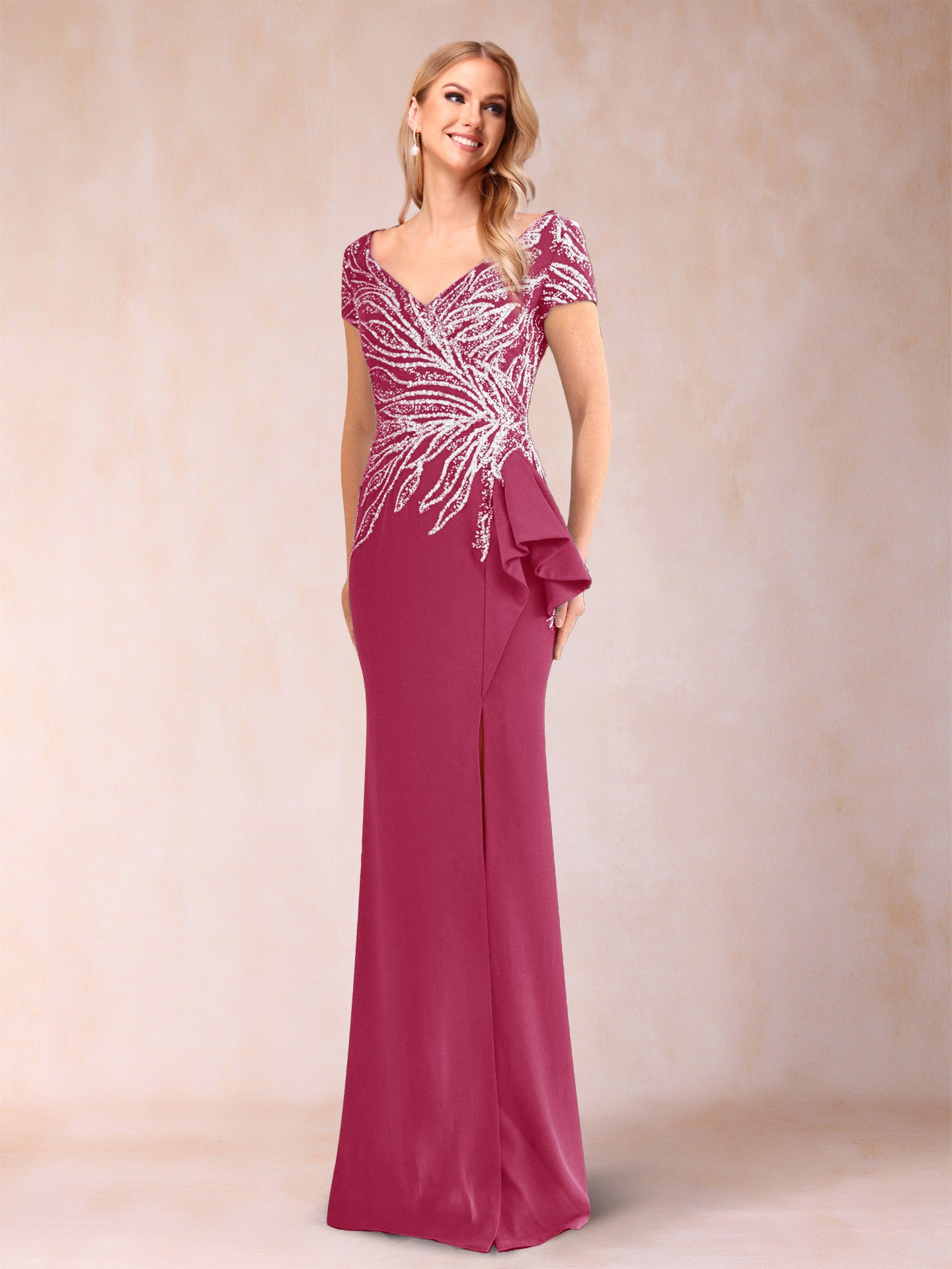 Sheath/Column V-Neck Floor-Length Short Sleeves Mother of the Bride Dresses with Sequins & Split Side