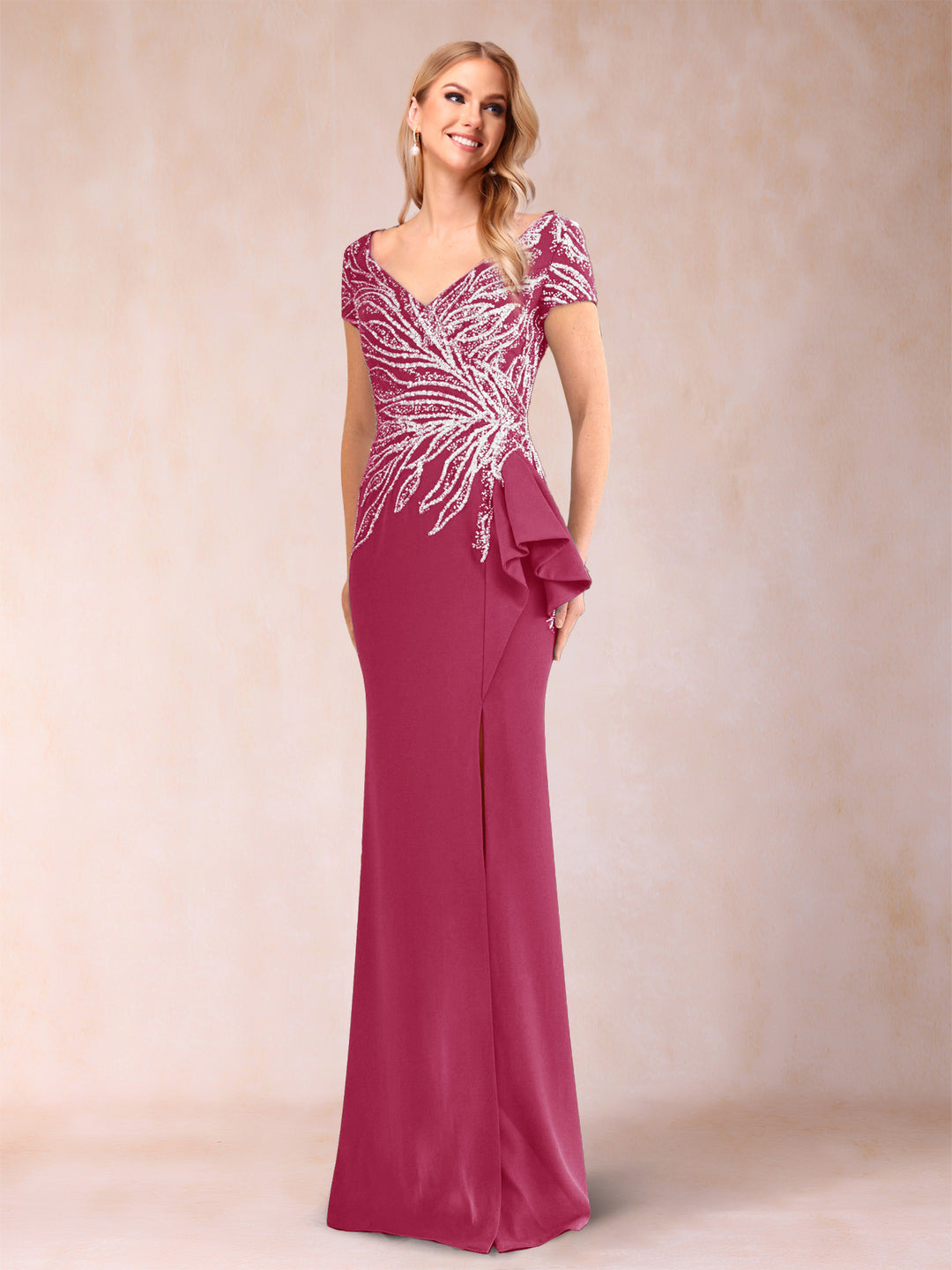 Sheath/Column V-Neck Floor-Length Short Sleeves Mother of the Bride Dresses with Sequins &amp; Split Side