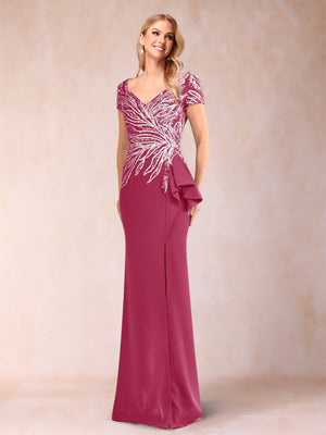 Sheath/Column V-Neck Floor-Length Short Sleeves Mother of the Bride Dresses with Sequins & Split Side