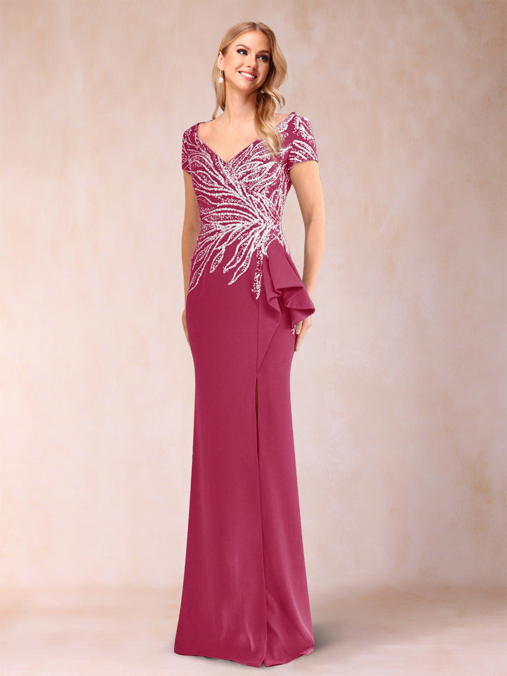 Sheath/Column V-Neck Floor-Length Short Sleeves Mother of the Bride Dresses with Sequins &amp; Split Side