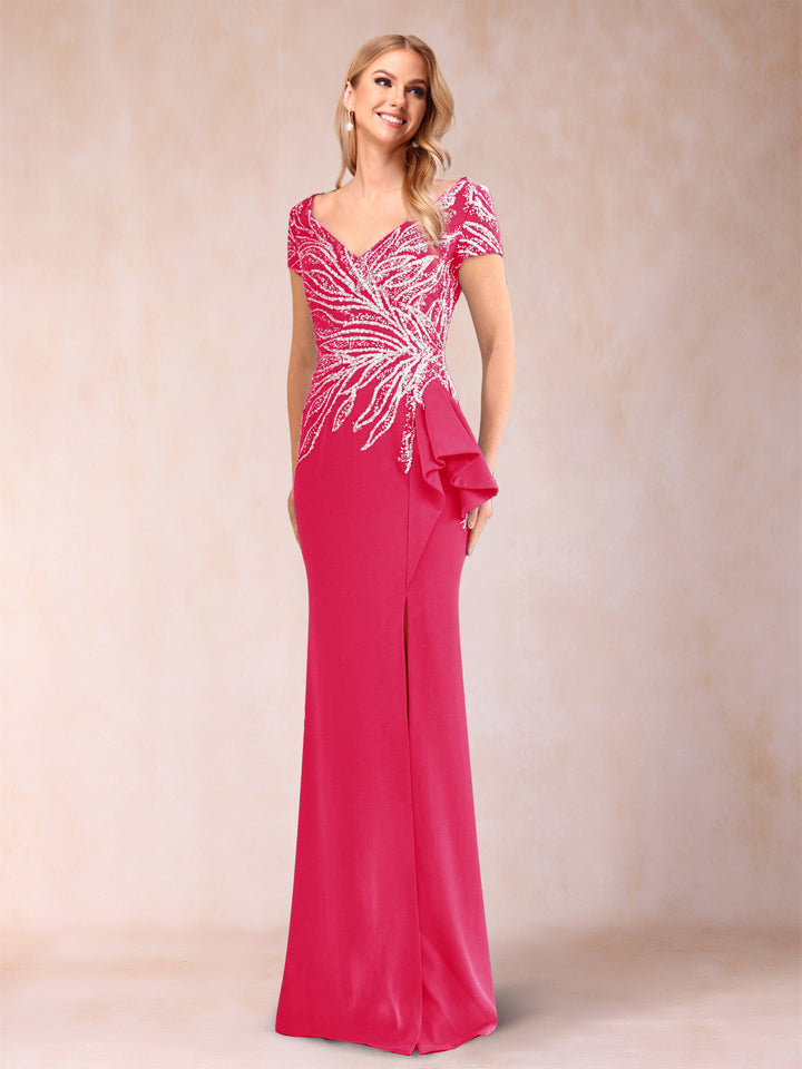 Sheath/Column V-Neck Floor-Length Short Sleeves Mother of the Bride Dresses with Sequins &amp; Split Side