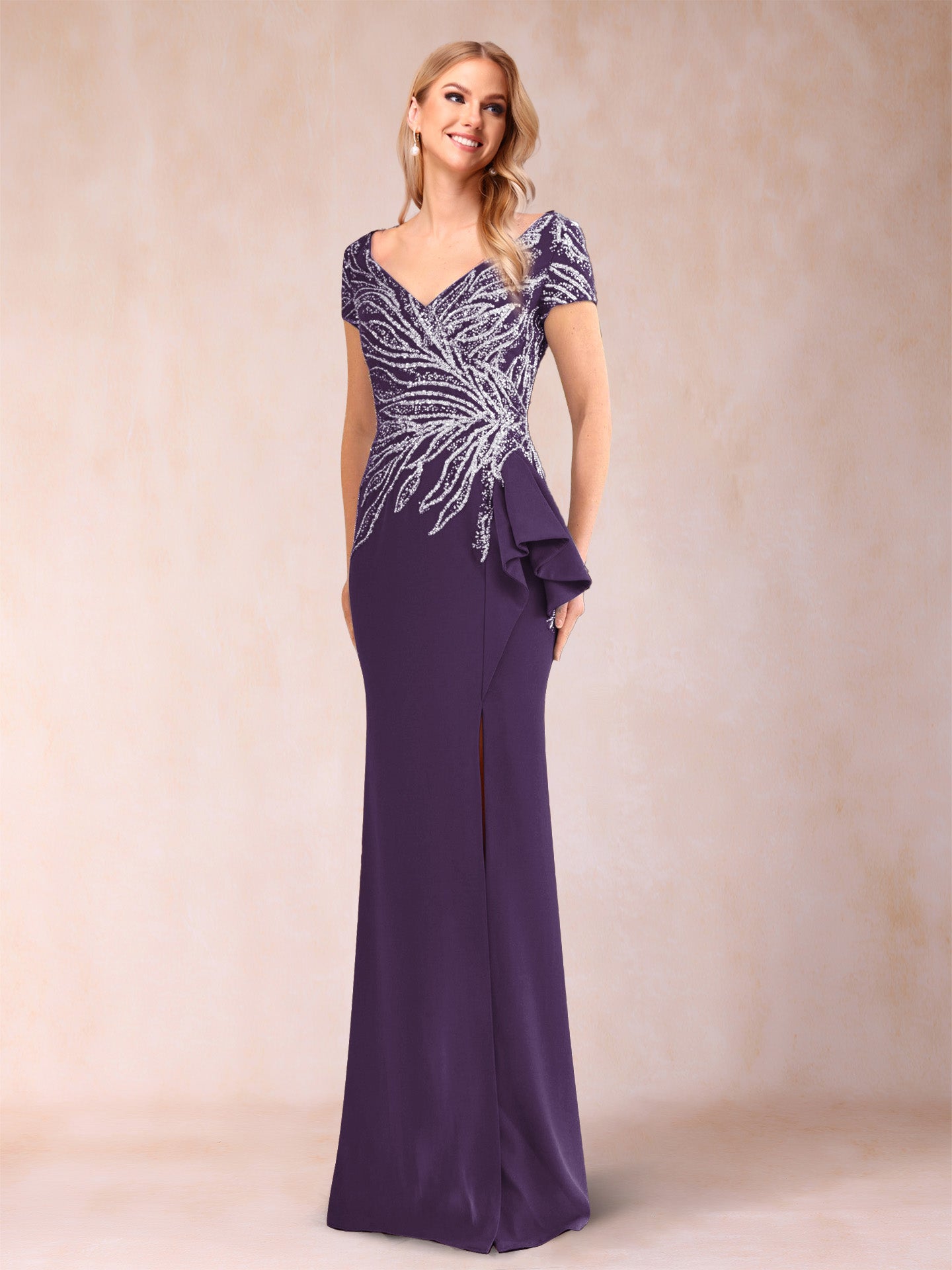 Sheath/Column V-Neck Floor-Length Short Sleeves Mother of the Bride Dresses with Sequins & Split Side