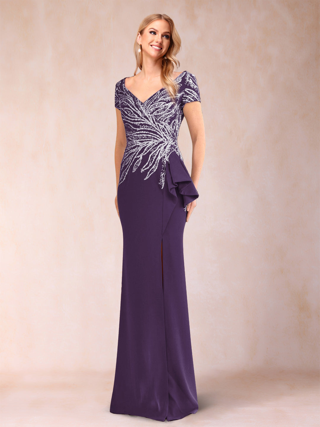 Sheath/Column V-Neck Floor-Length Short Sleeves Mother of the Bride Dresses with Sequins &amp; Split Side