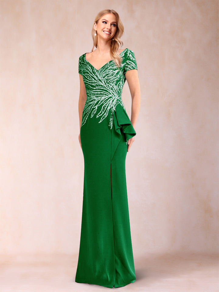 Sheath/Column V-Neck Floor-Length Short Sleeves Mother of the Bride Dresses with Sequins &amp; Split Side