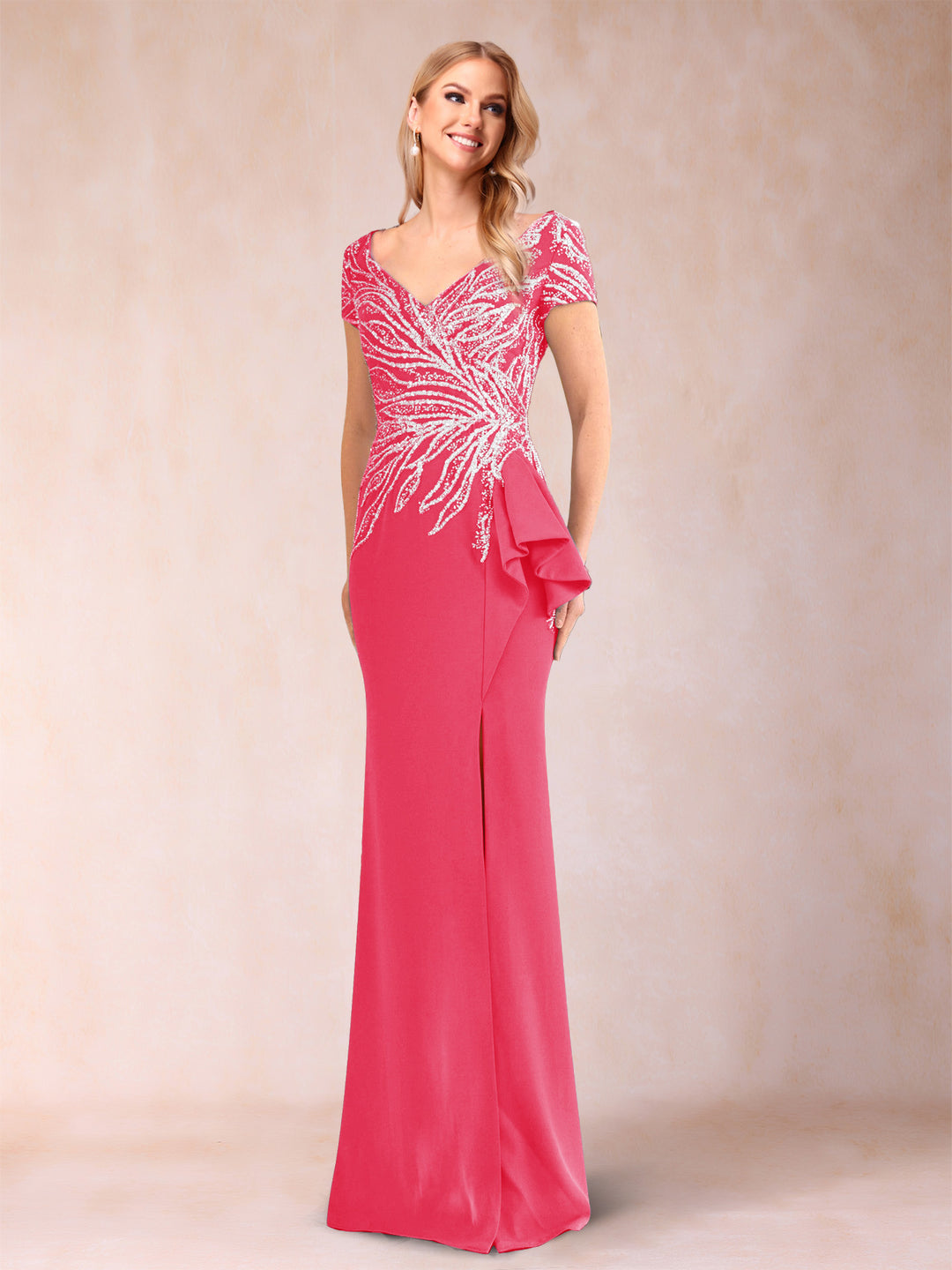 Sheath/Column V-Neck Floor-Length Short Sleeves Mother of the Bride Dresses with Sequins &amp; Split Side