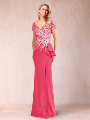 Sheath/Column V-Neck Floor-Length Short Sleeves Mother of the Bride Dresses with Sequins & Split Side