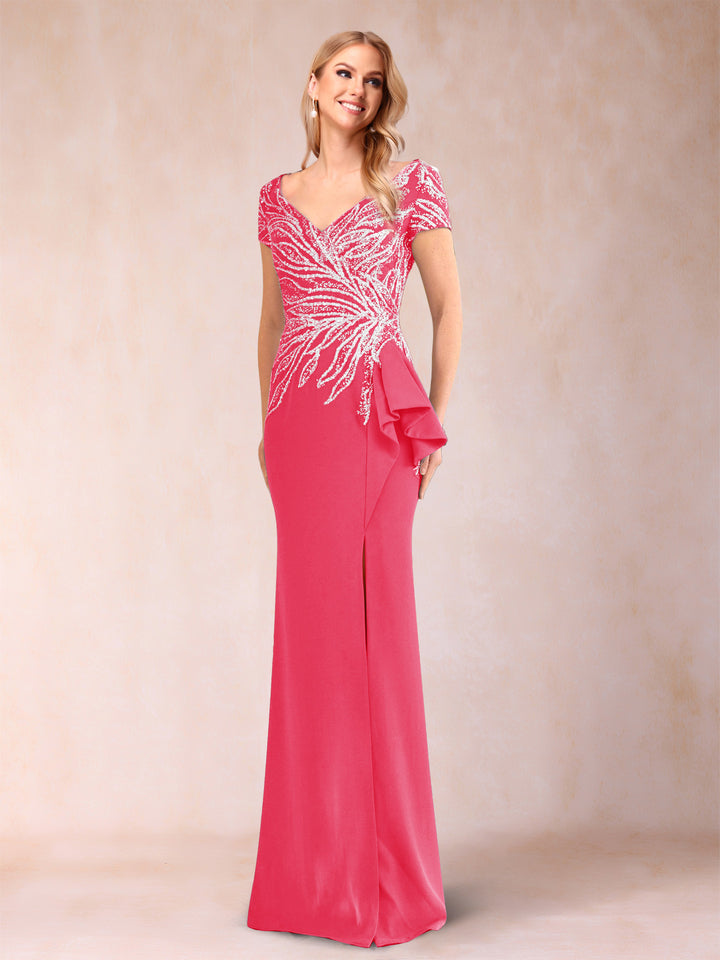 Sheath/Column V-Neck Floor-Length Short Sleeves Mother of the Bride Dresses with Sequins &amp; Split Side