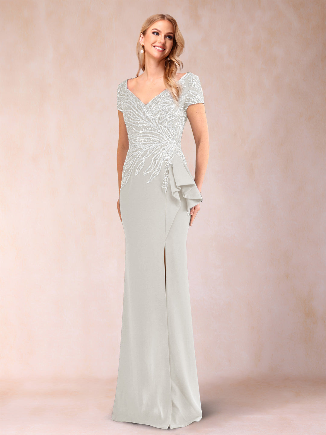 Sheath/Column V-Neck Floor-Length Short Sleeves Mother of the Bride Dresses with Sequins &amp; Split Side