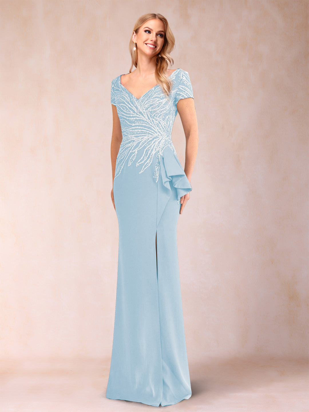 Sheath/Column V-Neck Floor-Length Short Sleeves Mother of the Bride Dresses with Sequins &amp; Split Side