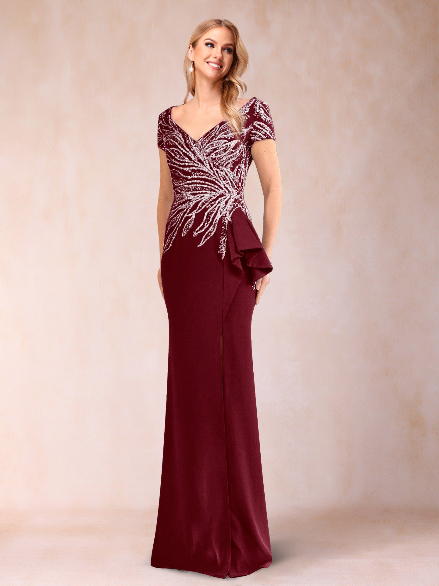Sheath/Column V-Neck Floor-Length Short Sleeves Mother of the Bride Dresses with Sequins & Split Side
