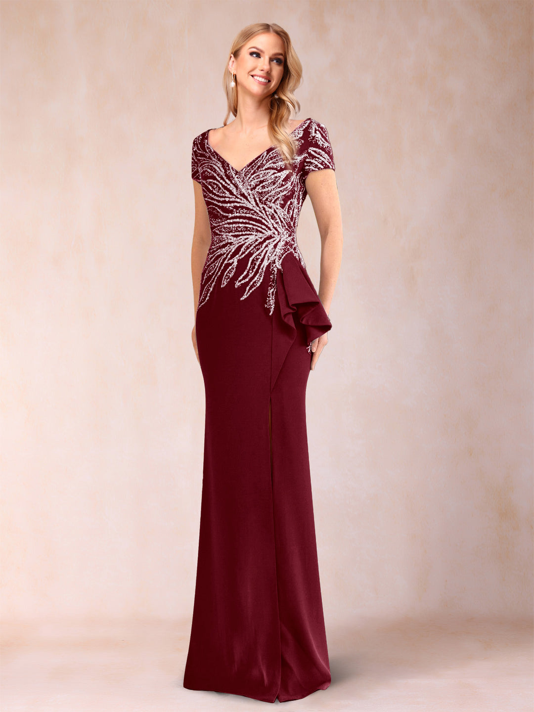 Sheath/Column V-Neck Floor-Length Short Sleeves Mother of the Bride Dresses with Sequins &amp; Split Side