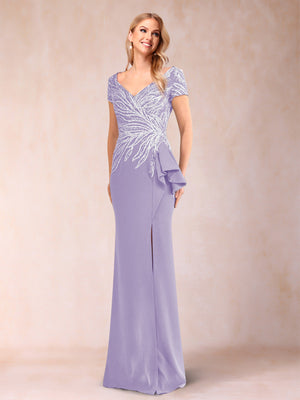 Sheath/Column V-Neck Floor-Length Short Sleeves Mother of the Bride Dresses with Sequins & Split Side