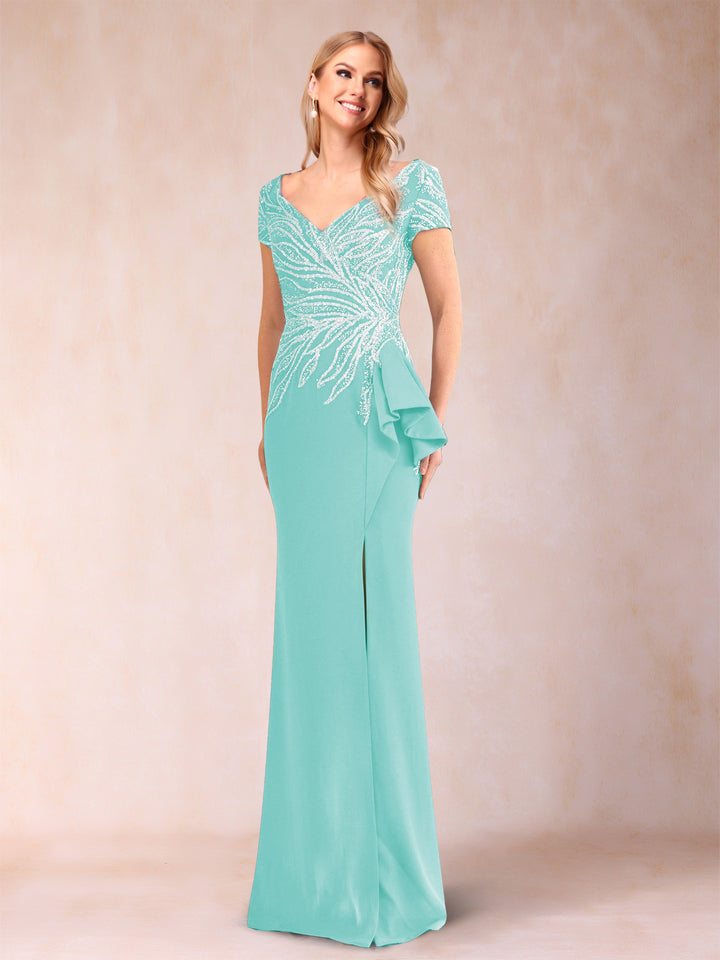 Sheath/Column V-Neck Floor-Length Short Sleeves Mother of the Bride Dresses with Sequins &amp; Split Side