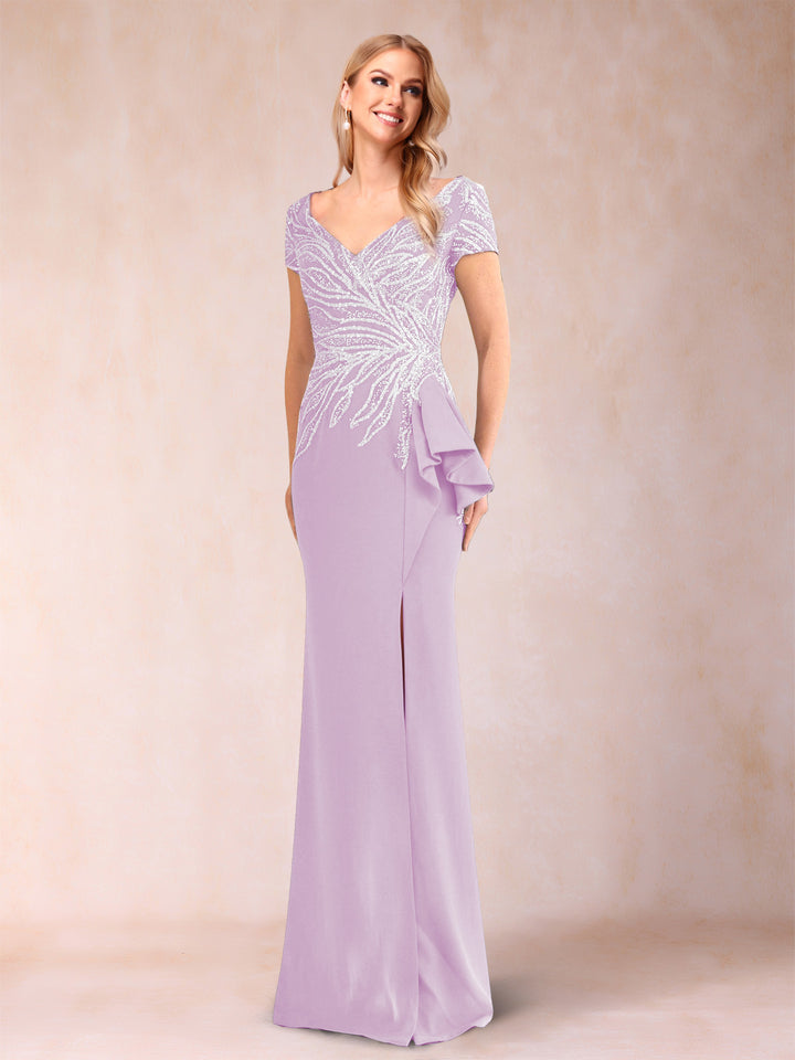 Sheath/Column V-Neck Floor-Length Short Sleeves Mother of the Bride Dresses with Sequins &amp; Split Side