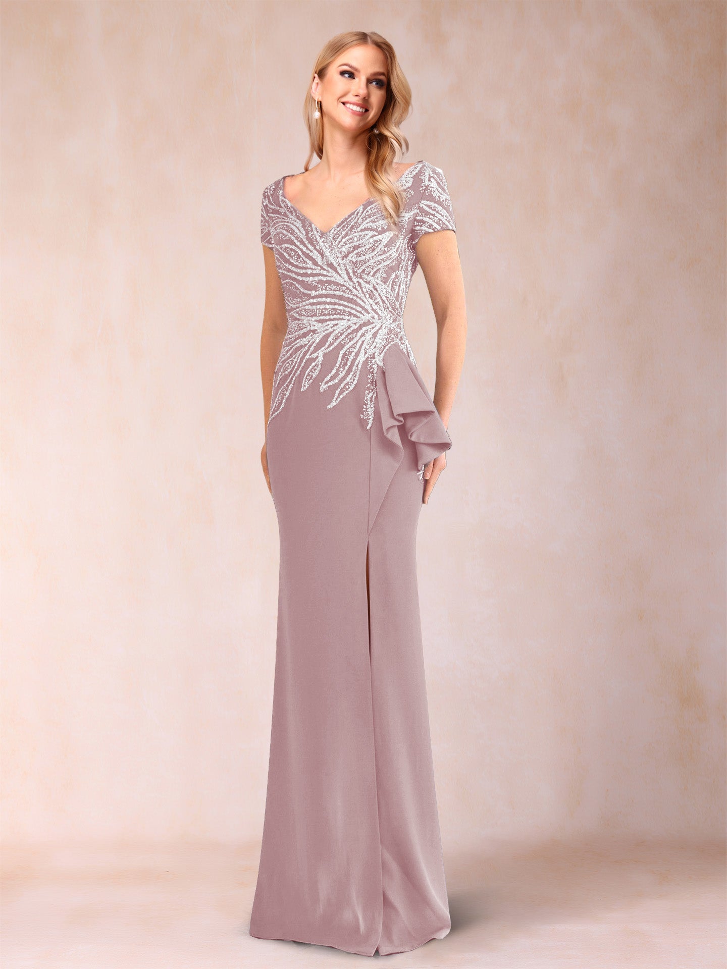 Sheath/Column V-Neck Floor-Length Short Sleeves Mother of the Bride Dresses with Sequins & Split Side