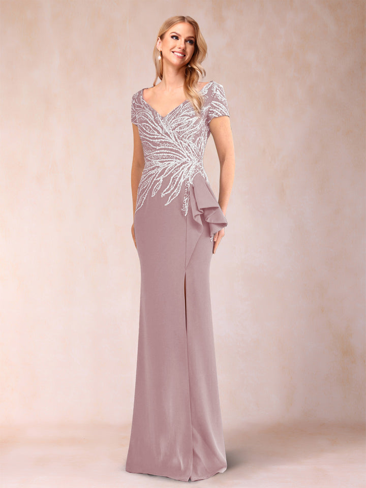 Sheath/Column V-Neck Floor-Length Short Sleeves Mother of the Bride Dresses with Sequins &amp; Split Side