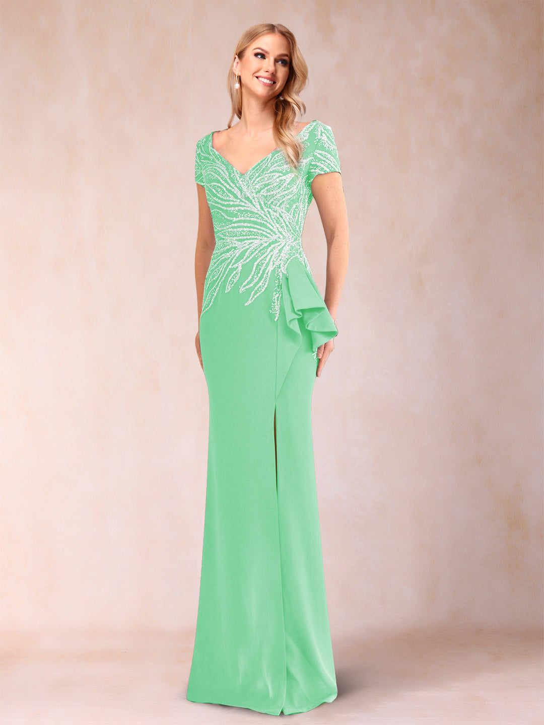 Sheath/Column V-Neck Floor-Length Short Sleeves Mother of the Bride Dresses with Sequins &amp; Split Side
