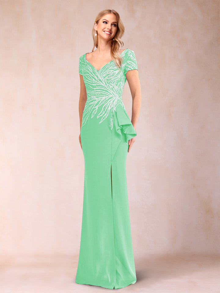 Sheath/Column V-Neck Floor-Length Short Sleeves Mother of the Bride Dresses with Sequins &amp; Split Side