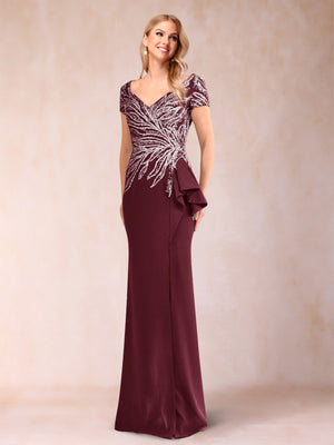 Sheath/Column V-Neck Floor-Length Short Sleeves Mother of the Bride Dresses with Sequins & Split Side