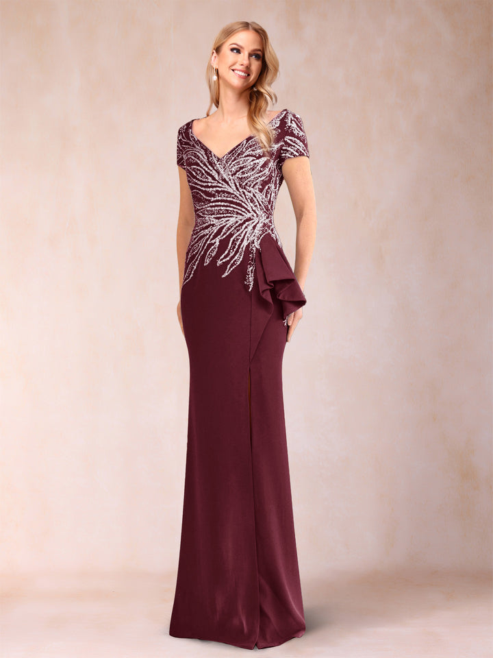 Sheath/Column V-Neck Floor-Length Short Sleeves Mother of the Bride Dresses with Sequins &amp; Split Side