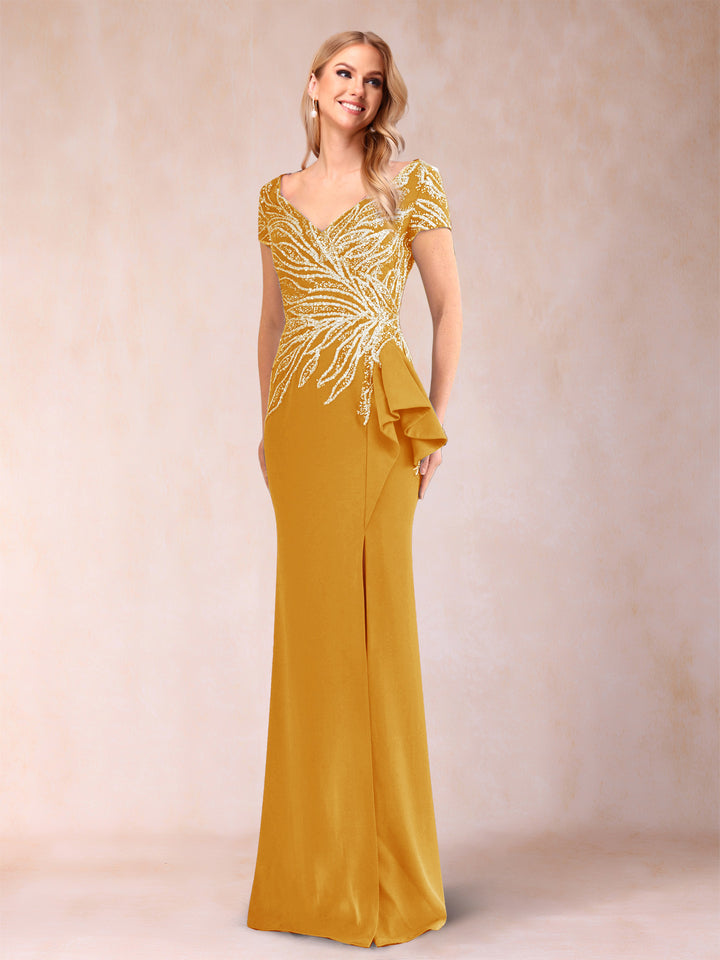 Sheath/Column V-Neck Floor-Length Short Sleeves Mother of the Bride Dresses with Sequins &amp; Split Side
