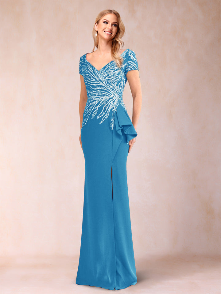 Sheath/Column V-Neck Floor-Length Short Sleeves Mother of the Bride Dresses with Sequins &amp; Split Side