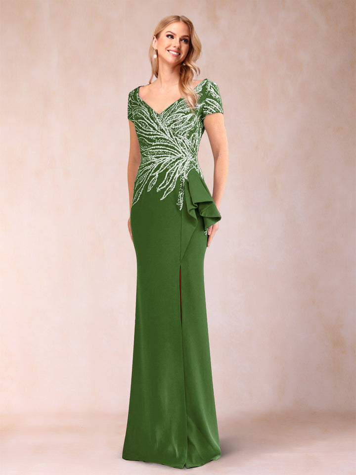 Sheath/Column V-Neck Floor-Length Short Sleeves Mother of the Bride Dresses with Sequins &amp; Split Side