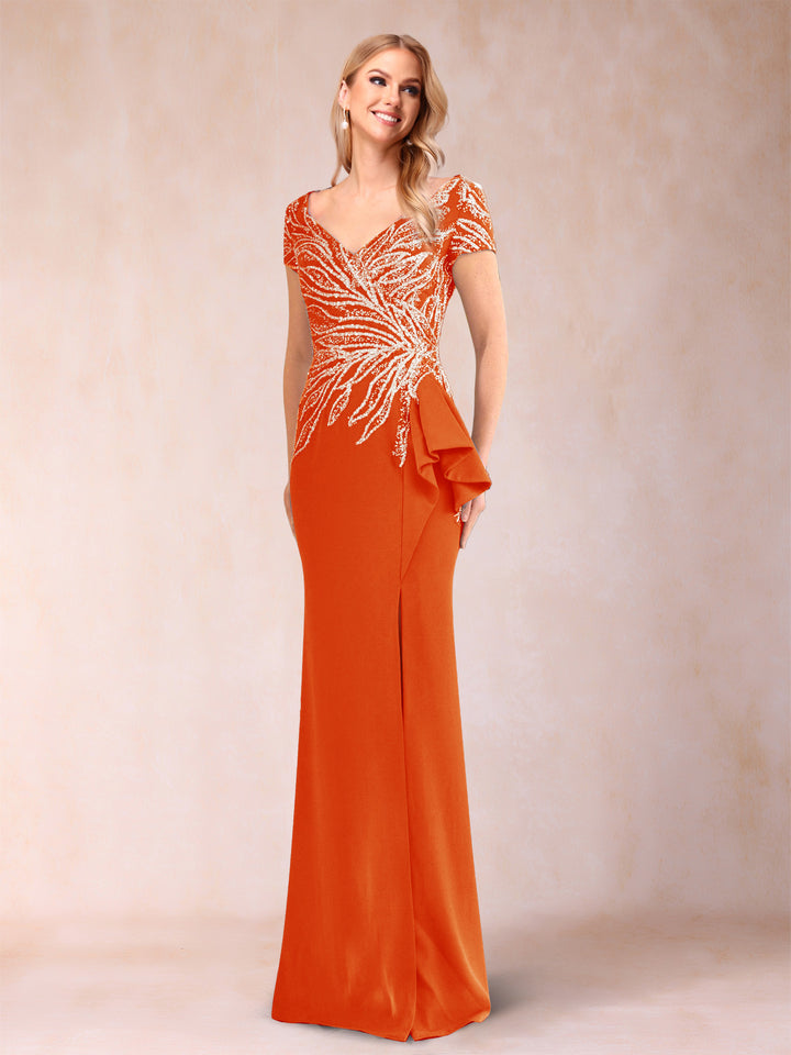 Sheath/Column V-Neck Floor-Length Short Sleeves Mother of the Bride Dresses with Sequins &amp; Split Side