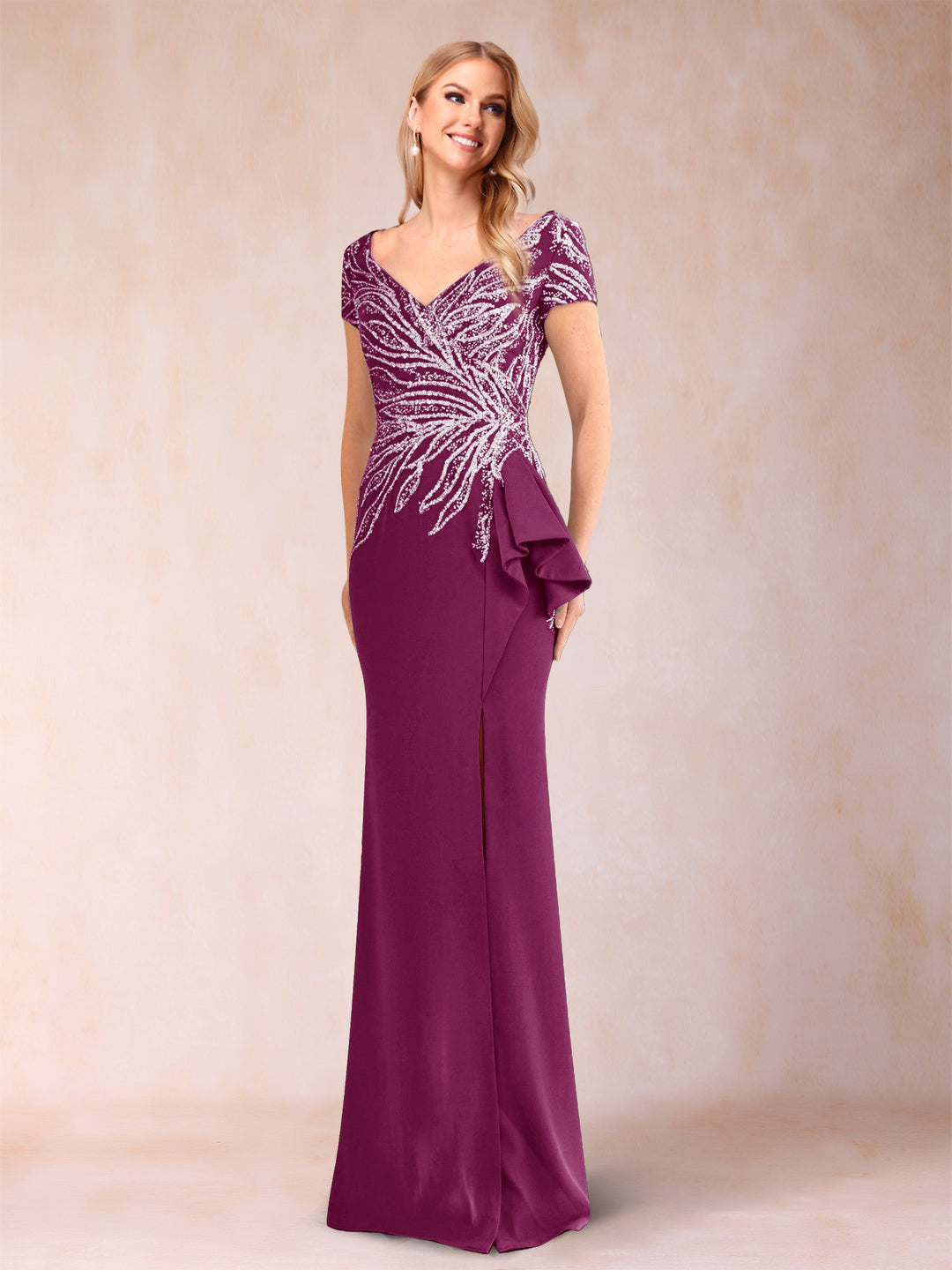 Sheath/Column V-Neck Floor-Length Short Sleeves Mother of the Bride Dresses with Sequins &amp; Split Side