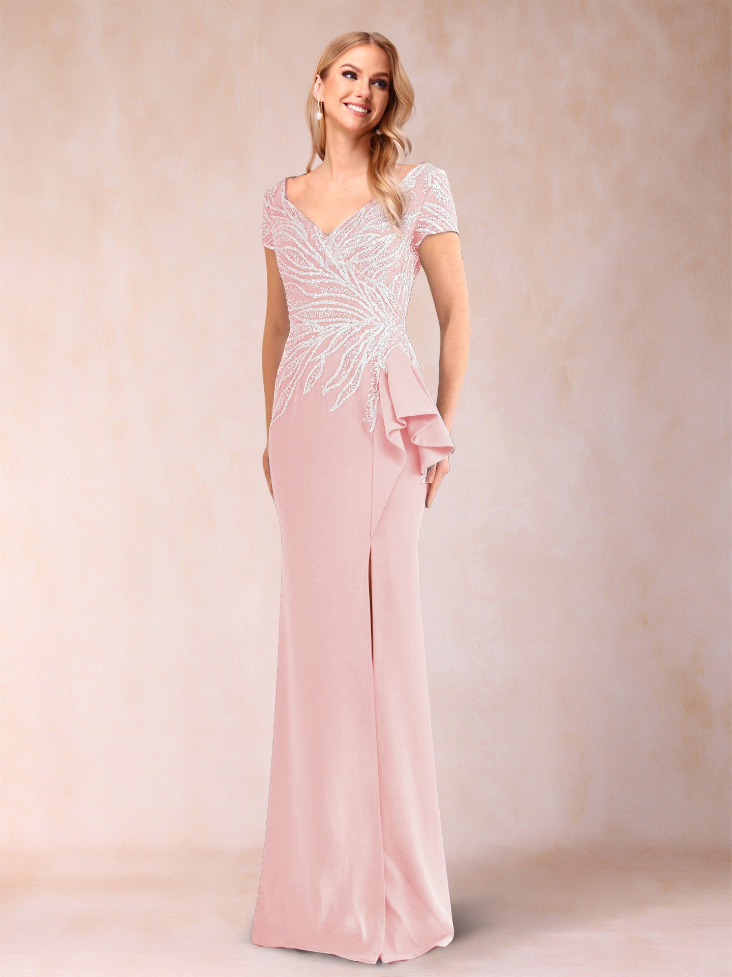 Sheath/Column V-Neck Floor-Length Short Sleeves Mother of the Bride Dresses with Sequins & Split Side