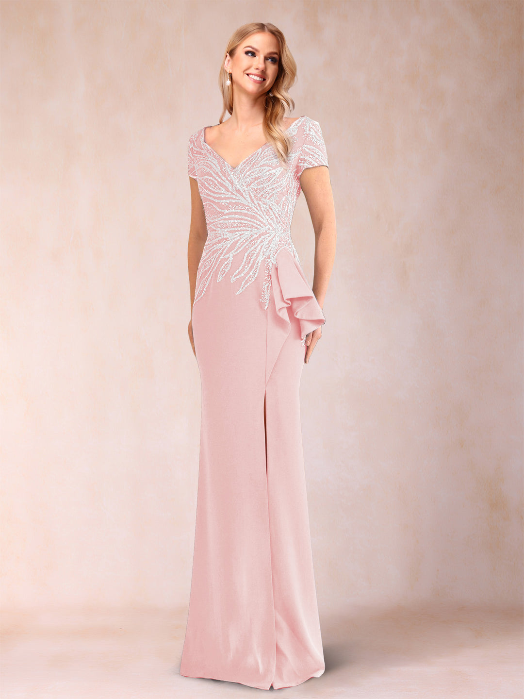 Sheath/Column V-Neck Floor-Length Short Sleeves Mother of the Bride Dresses with Sequins &amp; Split Side