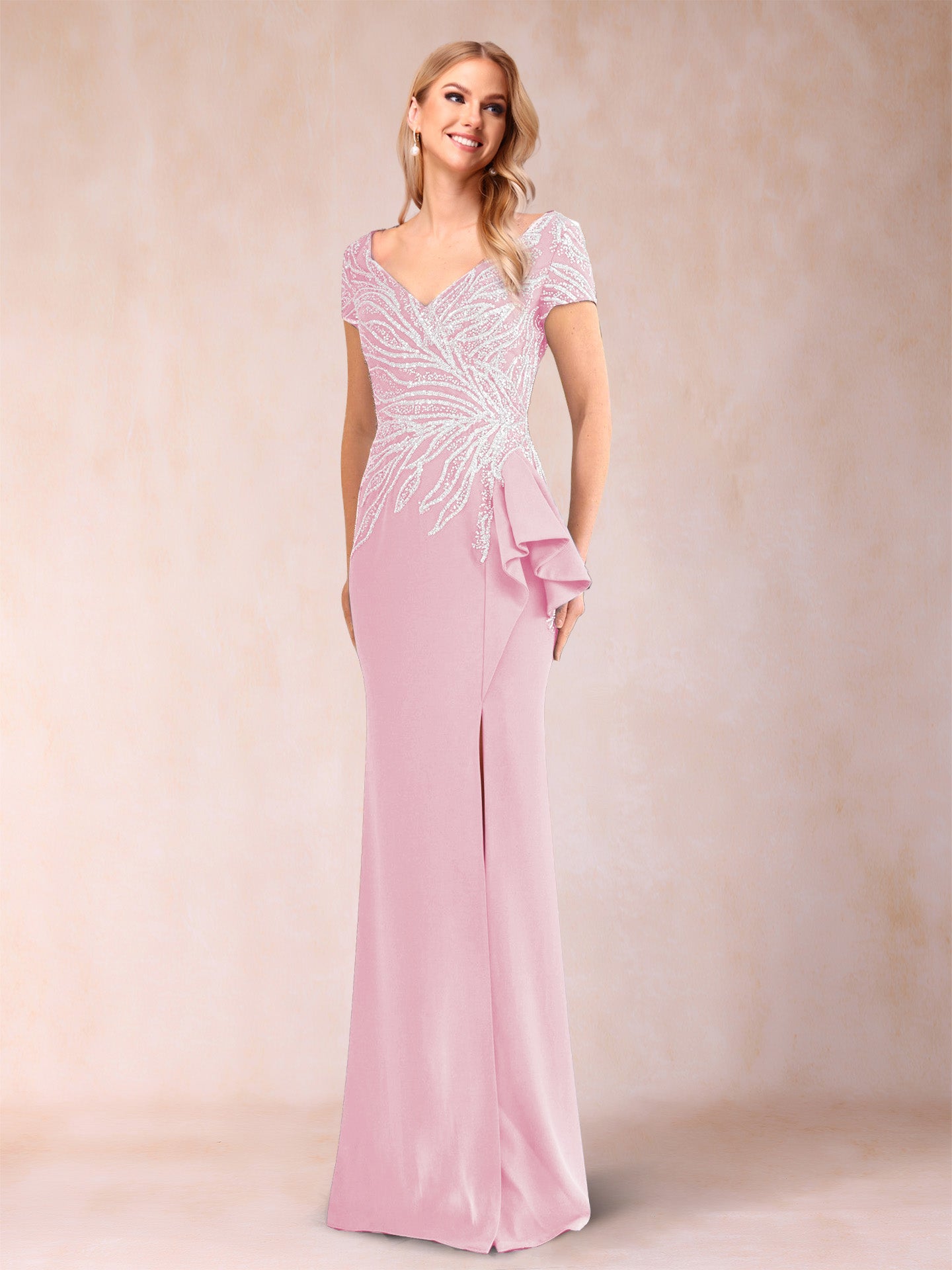 Sheath/Column V-Neck Floor-Length Short Sleeves Mother of the Bride Dresses with Sequins & Split Side