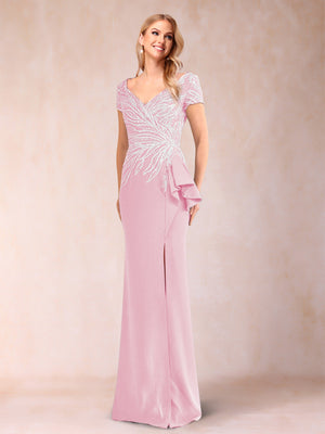 Sheath/Column V-Neck Floor-Length Short Sleeves Mother of the Bride Dresses with Sequins & Split Side