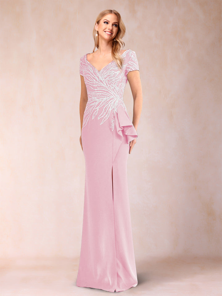 Sheath/Column V-Neck Floor-Length Short Sleeves Mother of the Bride Dresses with Sequins &amp; Split Side