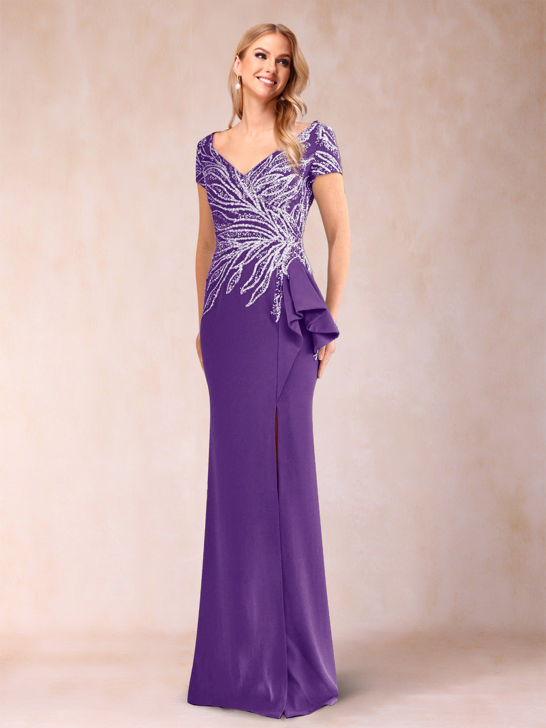 Sheath/Column V-Neck Floor-Length Short Sleeves Mother of the Bride Dresses with Sequins &amp; Split Side